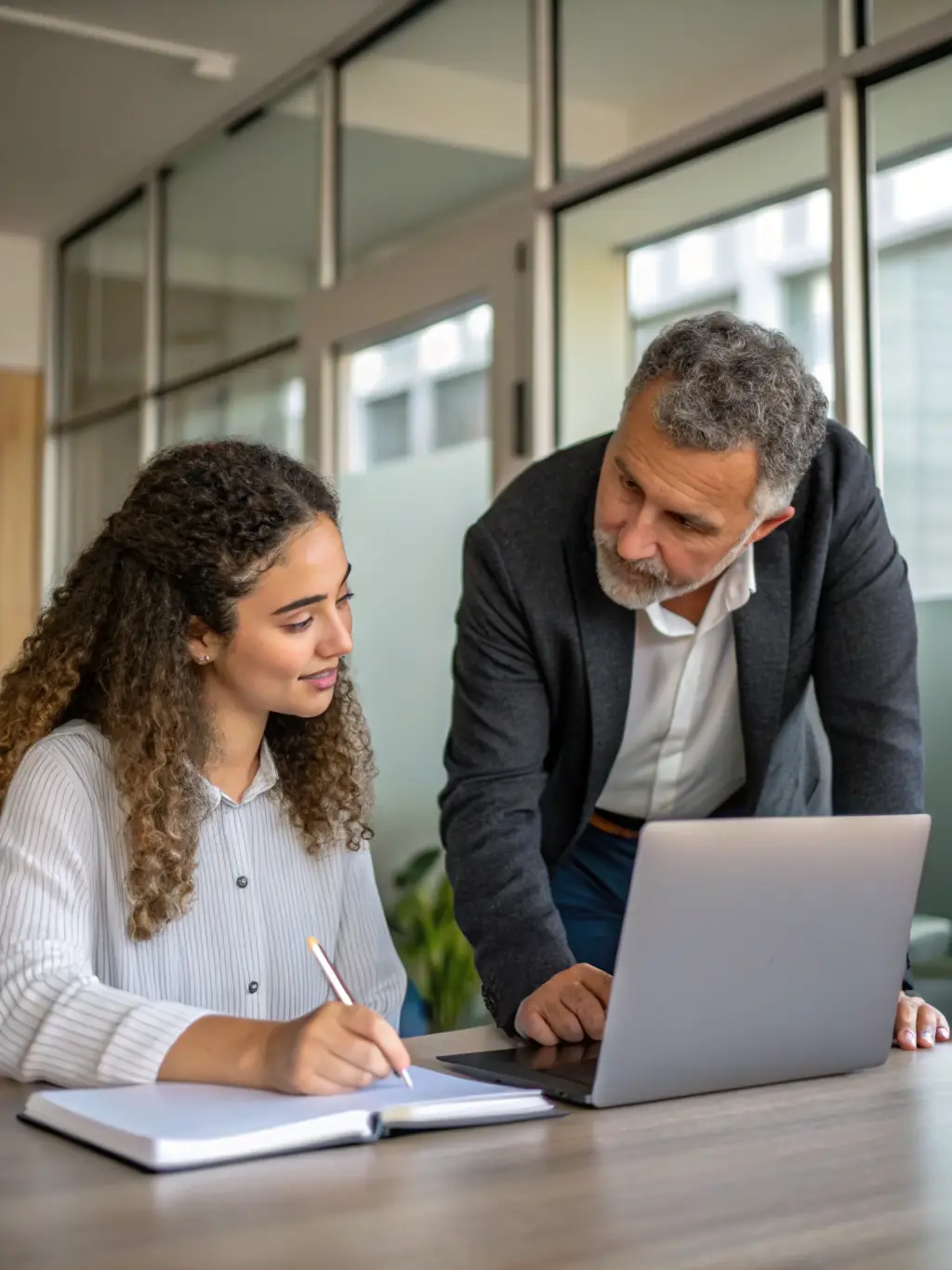 A photograph of a mentor-mentee pairing at a conference, discussing career goals and strategies in a relaxed setting.