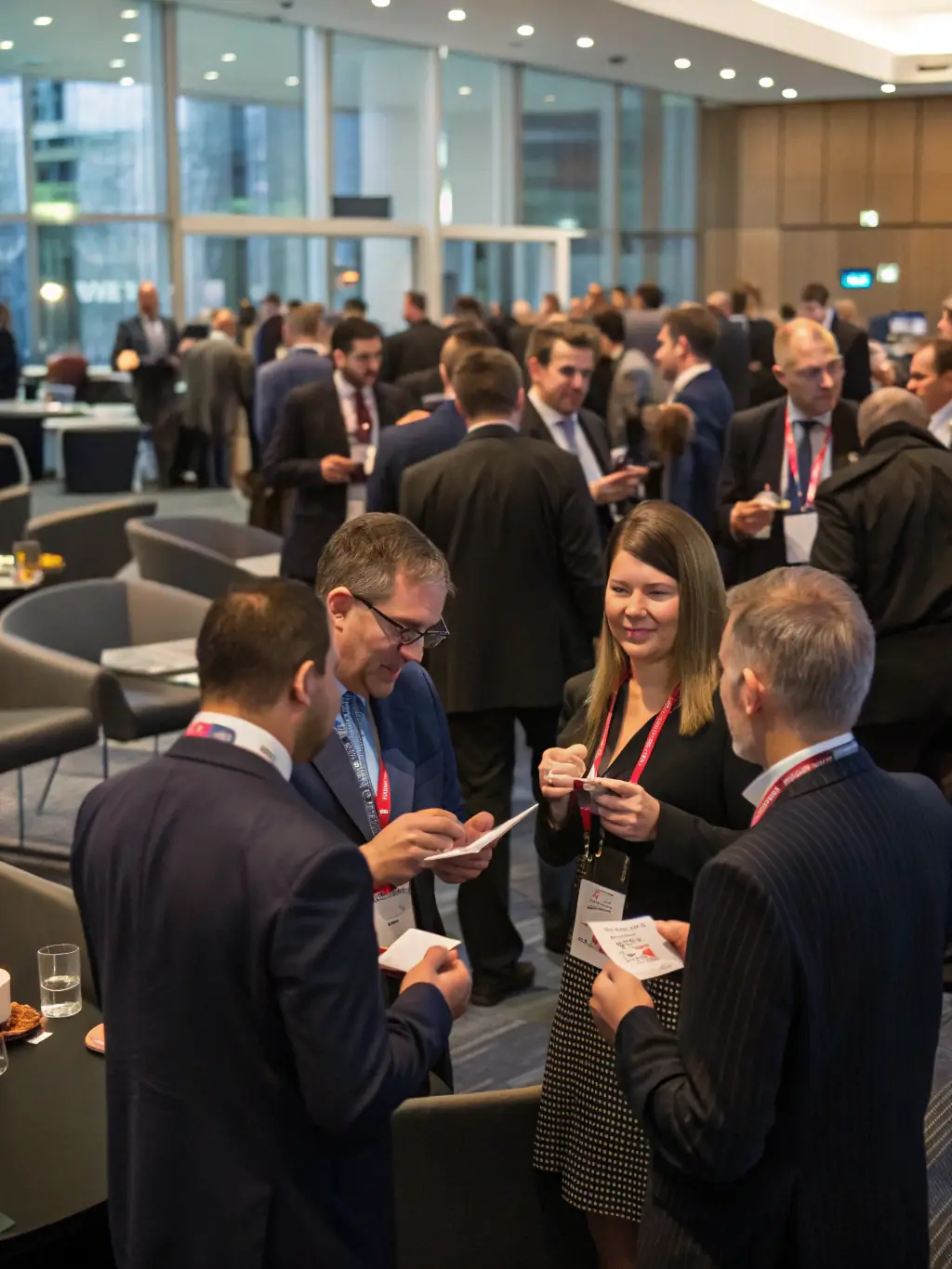 A wide-angle shot of a conference exhibition hall, showcasing various booths and attendees exploring innovative products and services.