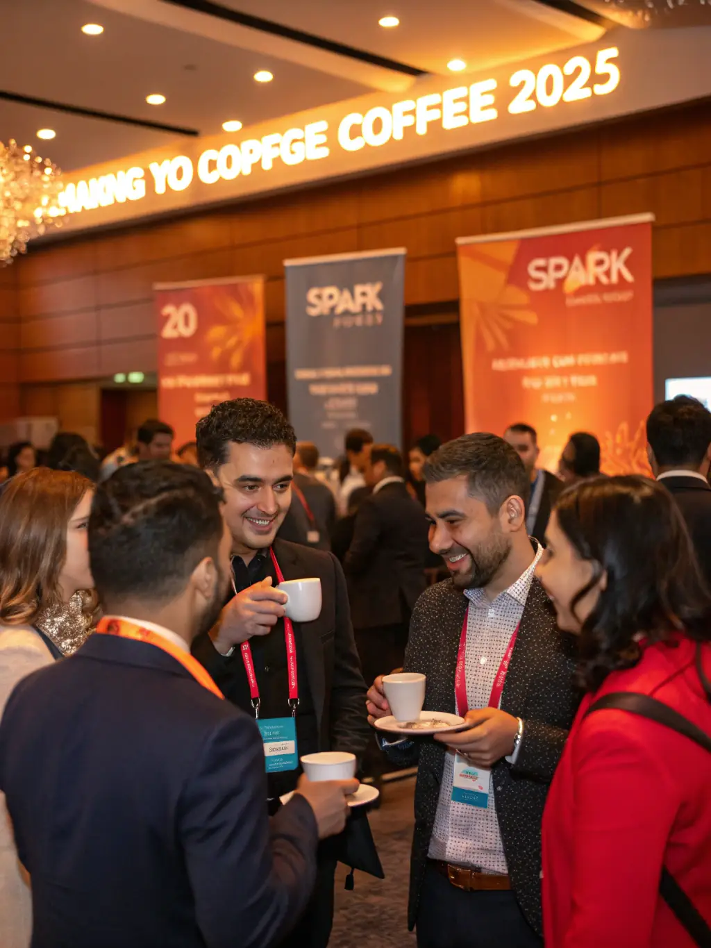 A candid shot of conference attendees engaged in a lively discussion during a coffee break, with company logos subtly visible in the background.